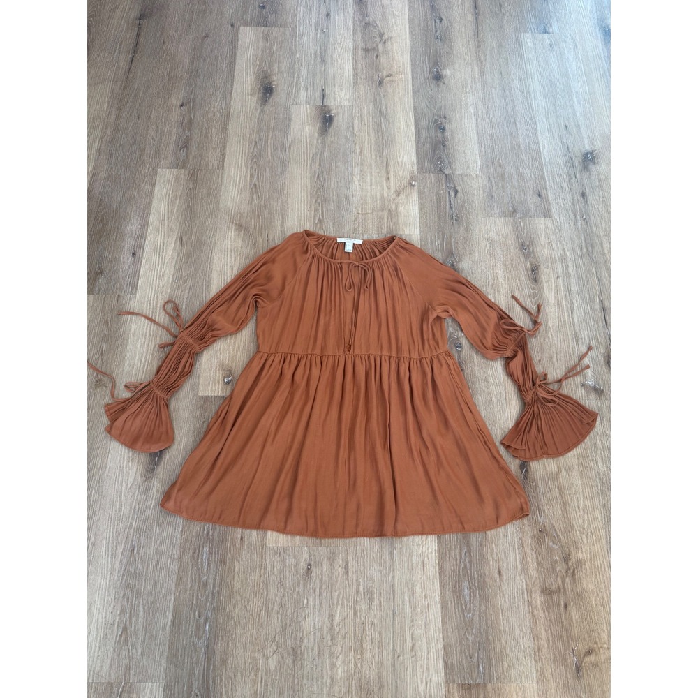 Forever‎ 21 Babydoll Tunic Womens L Rust Brown Smocked Tie Sleeve Boho Prairie